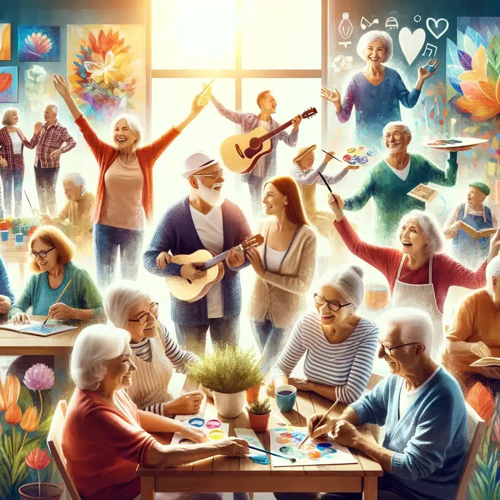 des seniors joyeux participant ensemble à diverses activités, dans un cadre qui évoque l'apprentissage, l'amitié et une vie active. Cet environnement accueillant et lumineux, où l'on voit des personnes peindre, danser, jardiner et discuter de livres, transmet un sentiment de communauté, de chaleur et de joie liée à l'apprentissage continu. L'image est vibrante, pleine de vie et illustre la diversité des activités et des personnes, symbolisant l'expérience enrichissante de la retraite lorsqu'on s'engage dans des opportunités sociales et d'apprentissage