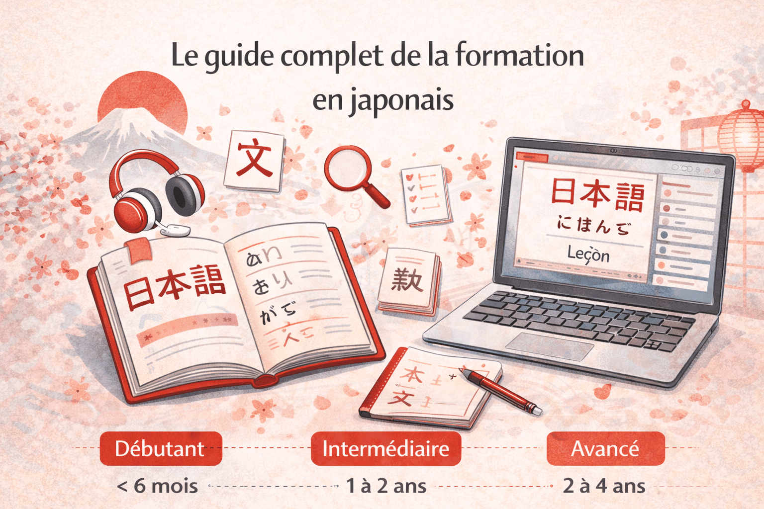 Illustration représentant le guide complet de la formation en japonais, des bases aux niveaux avancés