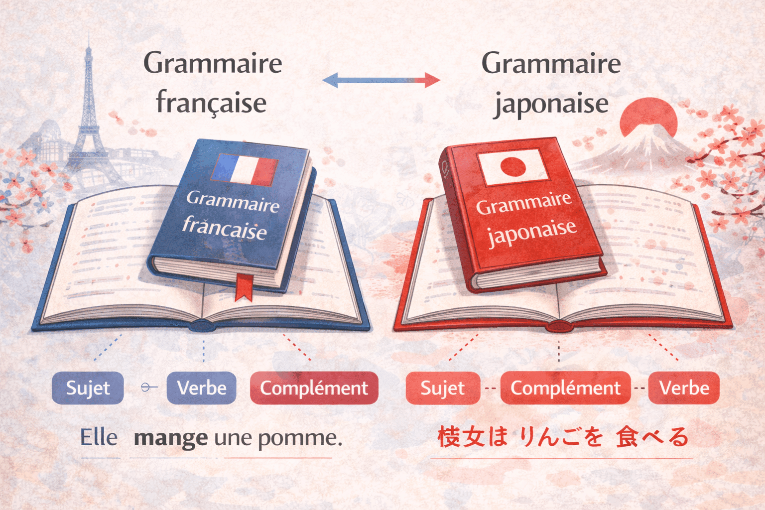 Illustration comparant l’ordre des mots en grammaire française et en grammaire japonaise