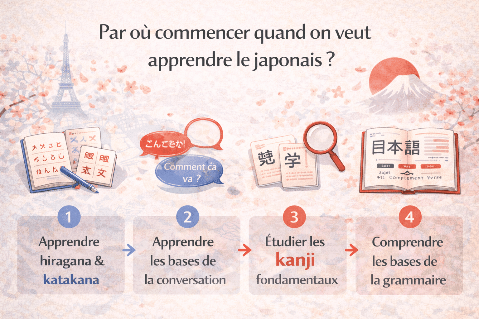 Infographie illustrant par où commencer pour apprendre le japonais quand on débute