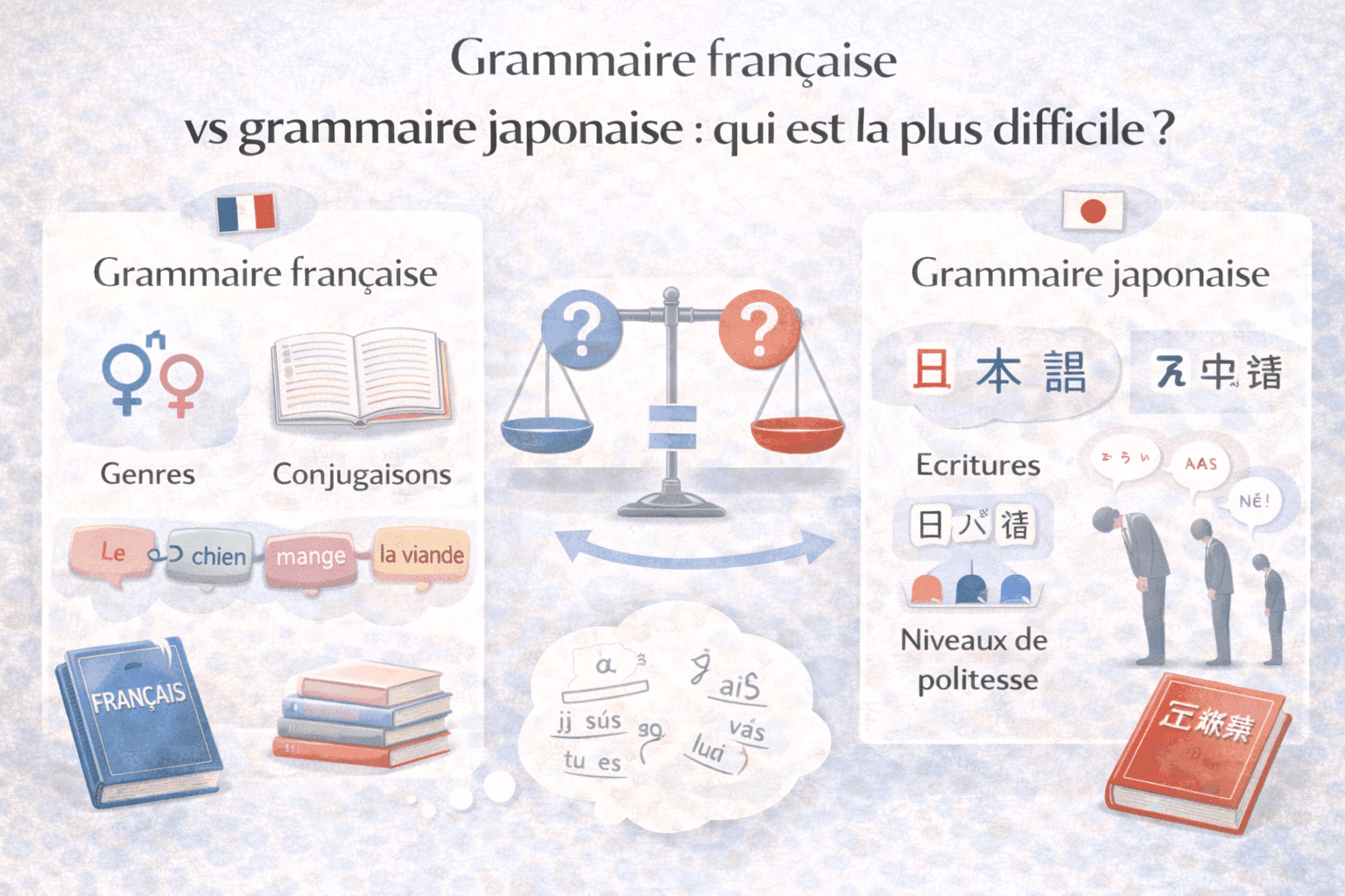 Schéma comparatif entre la grammaire japonaise et la grammaire française montrant leurs différences de structure