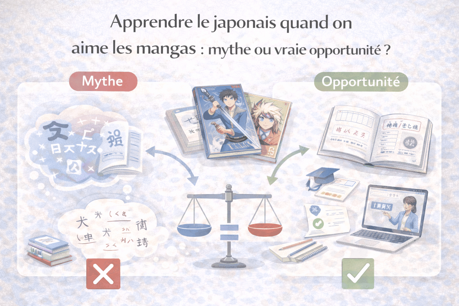 Illustration moderne représentant l’apprentissage du japonais à partir des mangas et de la culture japonaise