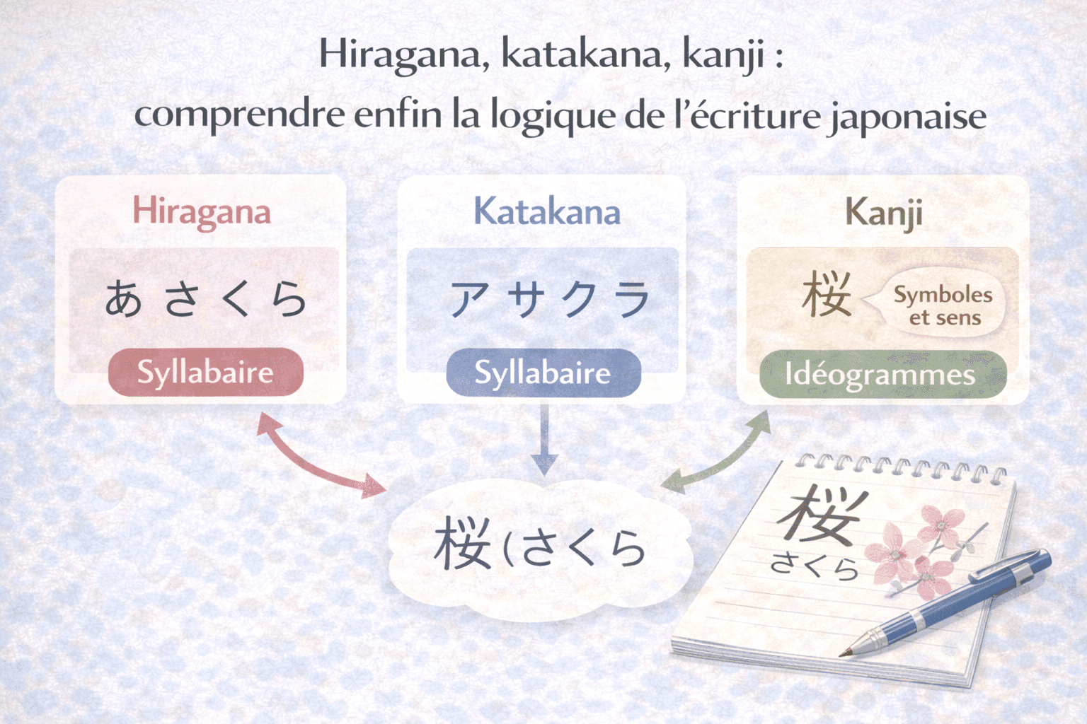 Illustration pédagogique montrant la logique des hiragana, katakana et kanji dans l’écriture japonaise