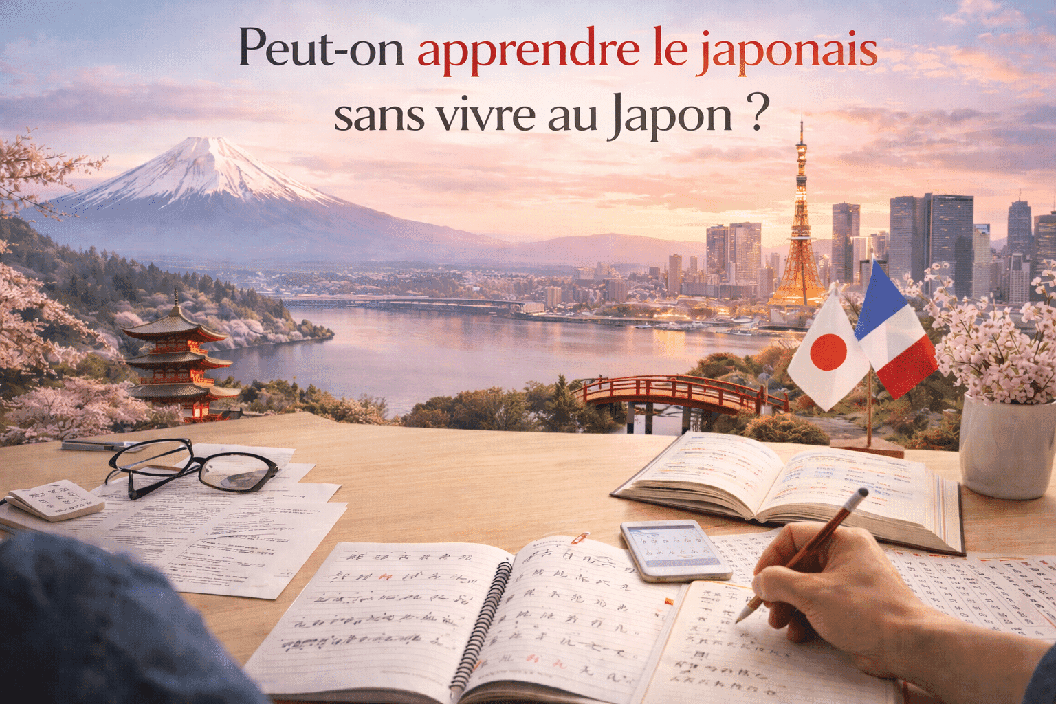 Personne étudiant le japonais à distance avec paysages urbains du Japon en arrière-plan