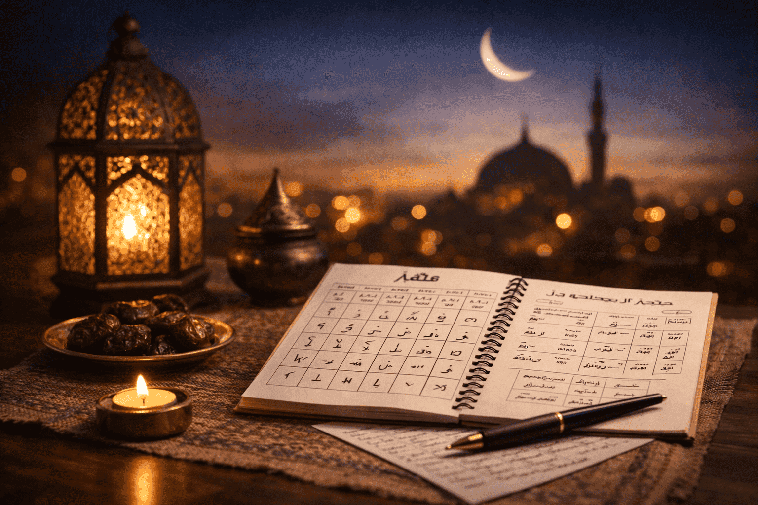 Cours d’arabe moderne avec supports pédagogiques clairs dans une ambiance calme et inspirante pendant le Ramadan