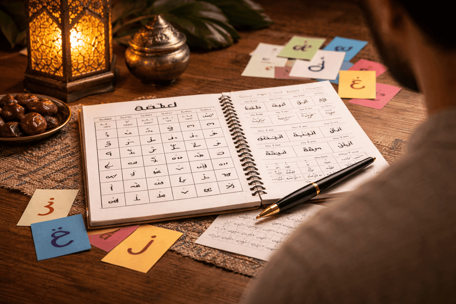 Apprentissage de l’arabe avec alphabet arabe, cahier d’étude et supports pédagogiques dans un cadre calme et structuré