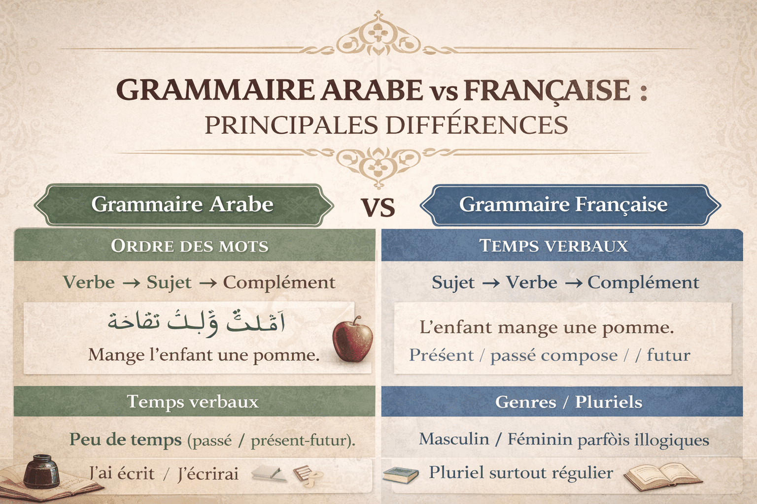 Comparaison visuelle entre la structure de la grammaire arabe et la grammaire française avec exemples de phrases et règles clés