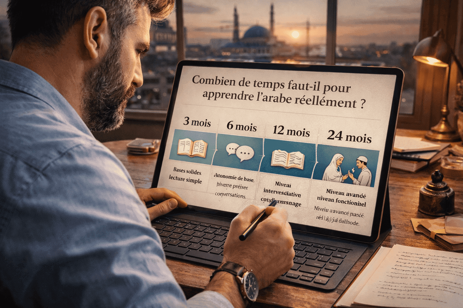 Illustration du temps nécessaire pour apprendre l’arabe, symbolisant la progression linguistique étape par étape