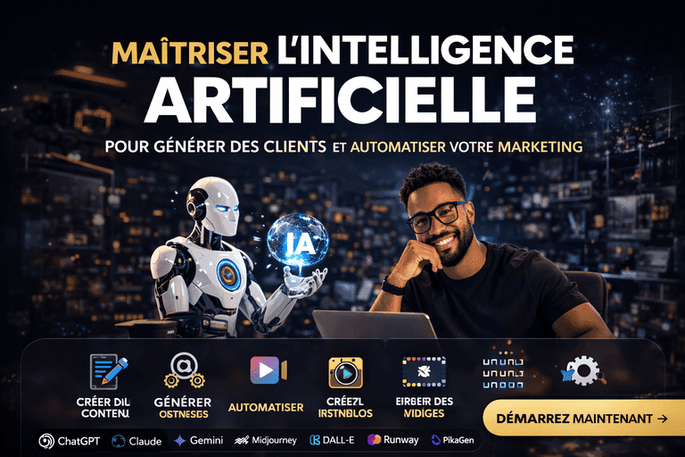 Formation en intelligence artificielle pour le marketing digital, génération de leads, automatisation des ventes et création de contenu avec IA.