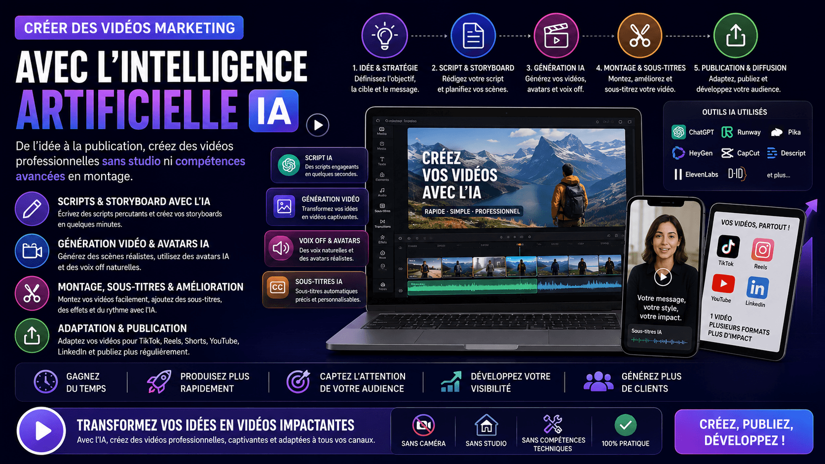 Apprendre à écrire, générer, monter et publier des vidéos professionnelles avec l’intelligence artificielle, sans studio ni compétences avancées en montage.