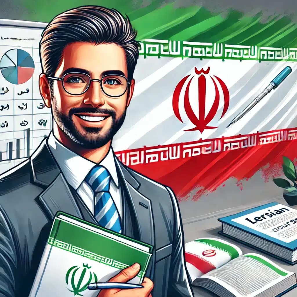 Formation – Formation Persan (Farsi) (à Strasbourg en présentiel / en ligne à distance) – Présentation Illustration d'une enseignante souriante dans un contexte éducatif, tenant des documents de formation, avec le drapeau iranien en arrière-plan. Image symbolisant la formation en langue persane (farsi) et la découverte de la culture iranienne.