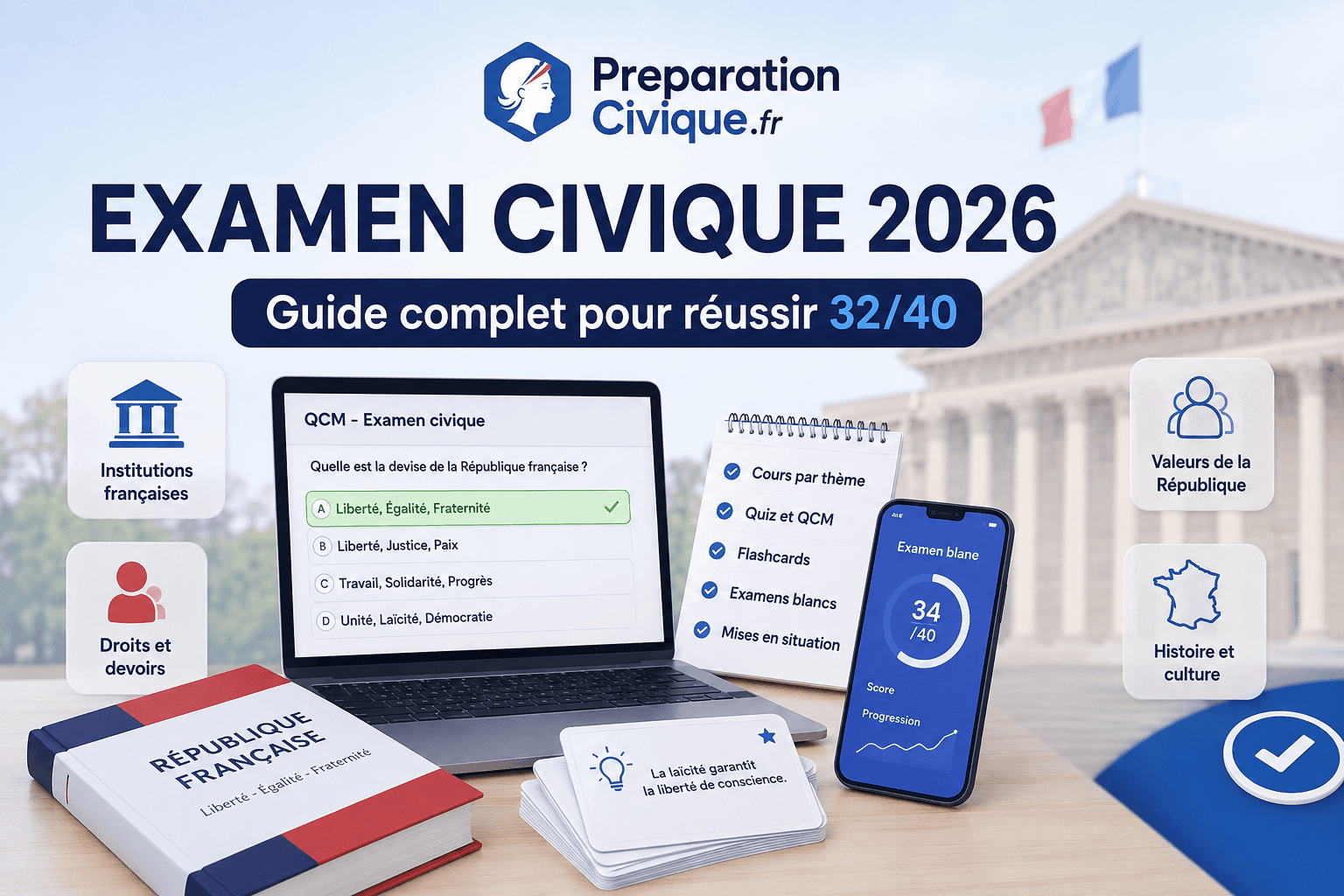 Article – Examen civique 2026 : guide complet pour réussir 32/40 – Présentation examen-civique-2026-guide-reussir-32-40