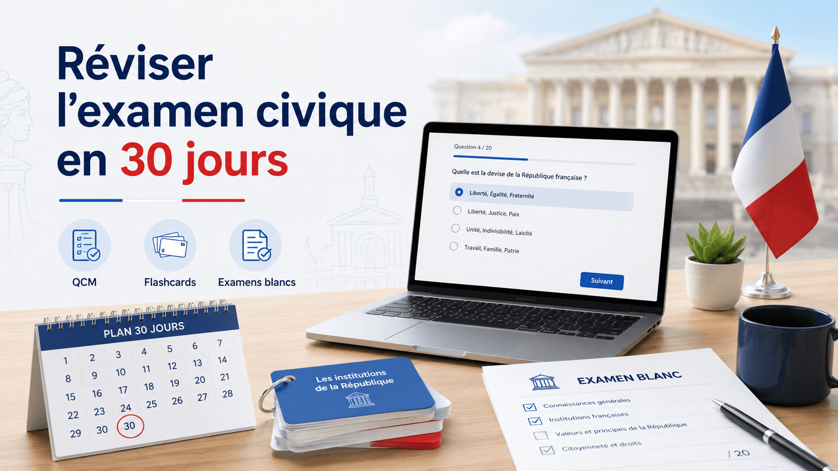 Article – Comment réviser l’examen civique en 30 jours avec QCM, flashcards et examens blancs ? – Présentation reviser-examen-civique-30-jours-qcm-flashcards